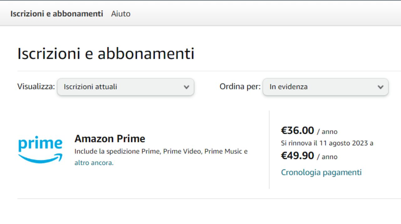 Rinnovo abbonamento Prime